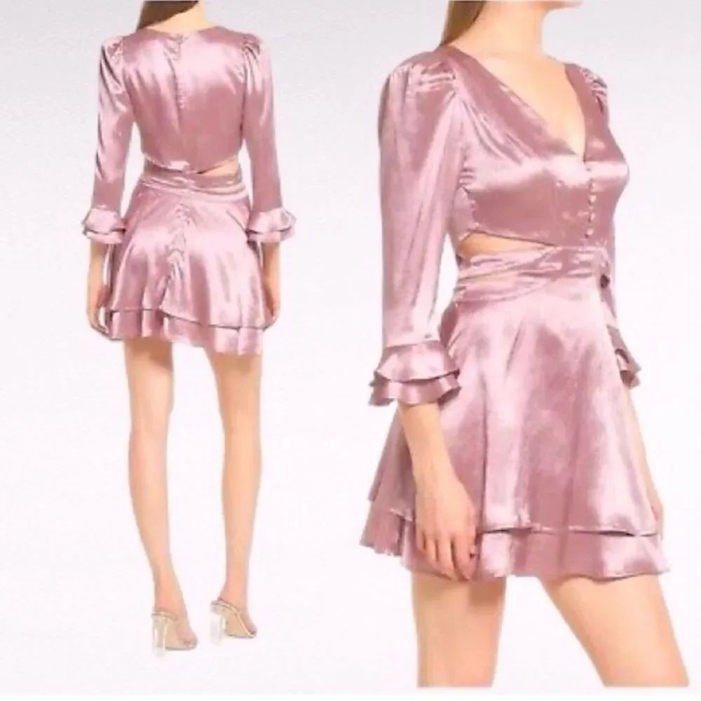 NEW LIKELY Antique Rose Pink Cut Out Crepe Satin Ruffle Mini Barbiecore Dress 10